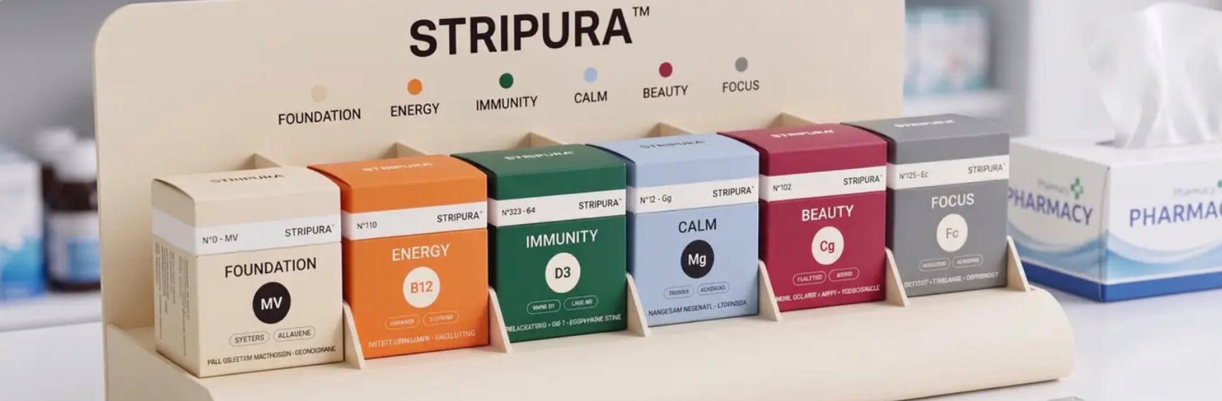 The Stripura counter display holding all six packs: Foundation, Energy, Immunity, Calm, Beauty and Focus