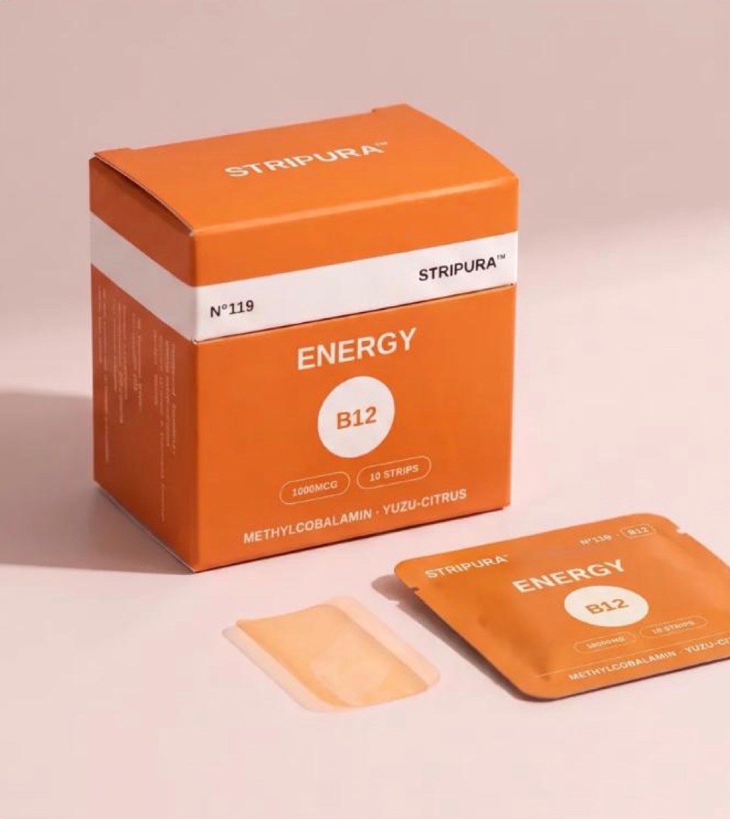 Stripura Energy B12 box in orange with an individual pouch and a translucent orange strip
